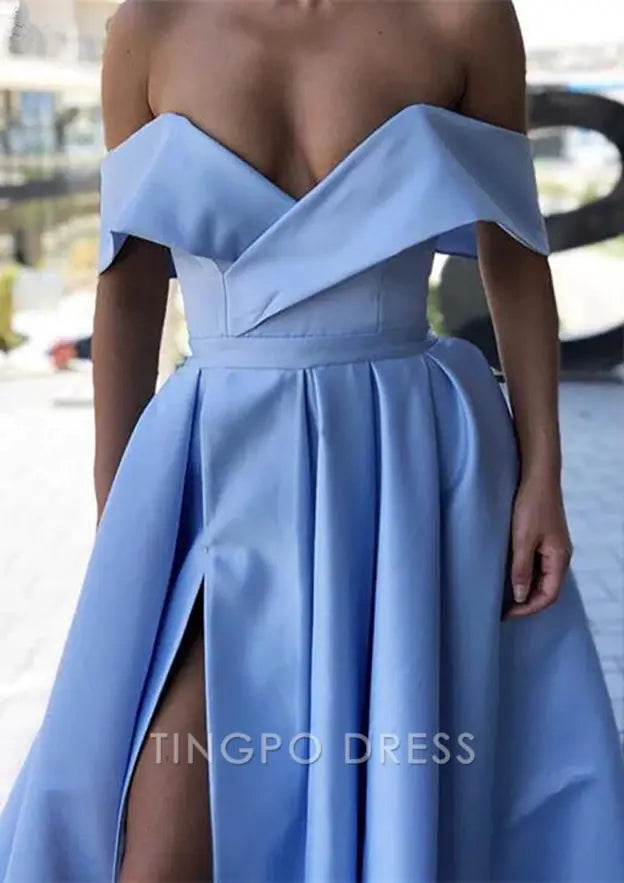 TingPo Wholesale Elegant A-line Off-the-Shoulder Cap Straps Sweep Train Satin Prom Dress With Pleated Split